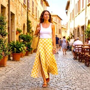 Reformation Yellow Gingham High-Waisted Midi Skirt with Side Slit - Size 2